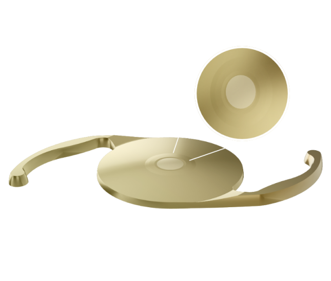 Immagine tridimensionale dorata della IOL AcrySof IQ Vivity® con linee grafiche bianche che attirano l'attenzione al centro della lente, evidenziando il plateau liscio leggermente rialzato che contribuisce alla tecnologia wavefront-shaping della lente.