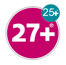 Un grande cerchio rosa con la scritta 27+. Sopra di esso, a destra, un cerchio più piccolo di colore verde acqua indica 25+.