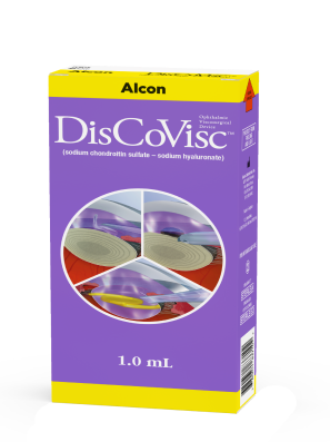 Scatola del prodotto DisCoVisc di Alcon. Questo prodotto contiene 1 ml di DisCoVisc.