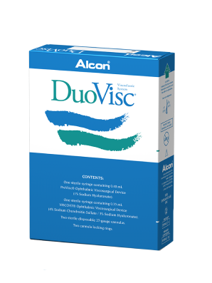 Scatola del prodotto DuoVisc OVD di Alcon. Questo prodotto contiene 0,35 ml di Viscoat e 0,40 ml di ProVisc.