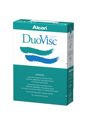 Scatola del prodotto DuoVisc OVD di Alcon. Questo prodotto contiene 0,50 ml di Viscoat e 0,55 ml di ProVisc.