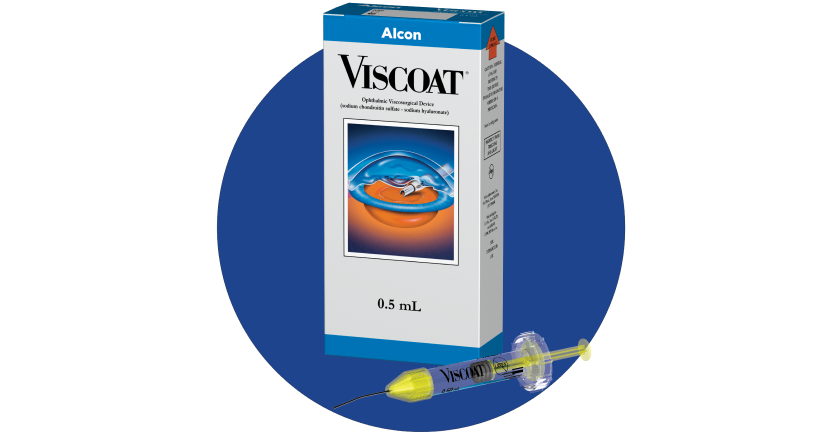 Il prodotto Viscoat OVD di Alcon e la scatola del prodotto su uno sfondo circolare blu.