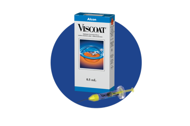 Il prodotto Viscoat OVD di Alcon e la scatola del prodotto su uno sfondo circolare blu.
