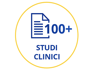 Icona con un foglio di carta e il testo “100+ studi clinici”.