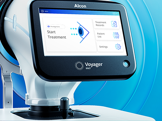 Touchscreen intuitivo Voyager DSLT che visualizza l'interfaccia Inizia Trattamento con definizione automatica del target e impostazioni del paziente