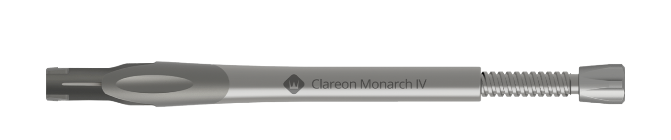 Il manipolo Clareon Monarch IV è posizionato orizzontalmente su uno sfondo blu scuro. 3 pulsanti circolari con un "segno più" al centro indicano le aree di interesse della Manipola Clareon Monarch IV.