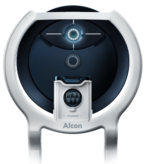 Vista del sistema laser Alcon Voyager DSLT che mostra il display di targeting e il meccanismo di erogazione di precisione