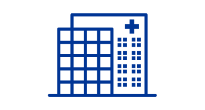 Icona di edificio ospedaliero blu scuro.