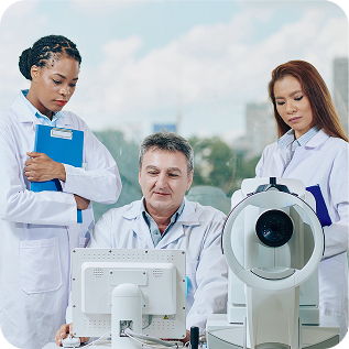 Group of ophthalmologists with devices for vision correction