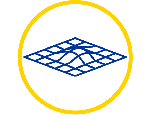 Icona con una griglia tridimensionale blu all’interno di un cerchio con bordo giallo.
