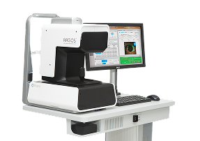 Biometro ARGOS® con sistema di guida per immagini di Alcon, mostrato su una postazione con monitor integrato che visualizza dati di misurazione oculare.