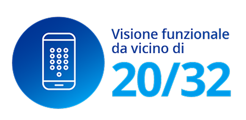 Icona di uno smartphone accanto al testo “Visione funzionale da vicino di 20/32,” che indica una performance visiva adeguata per attività ravvicinate come leggere lo schermo del telefono.