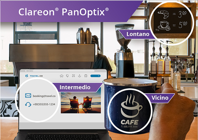 Scena simulata in un bar vista attraverso la IOL Clareon® PanOptix®. Gli oggetti lontani (menu), intermedi (laptop) e vicini (tazza di caffè) sono tutti a fuoco nitido.