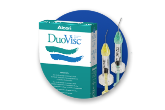 Il prodotto DuoVisc OVD di Alcon e la scatola del prodotto su uno sfondo circolare blu.