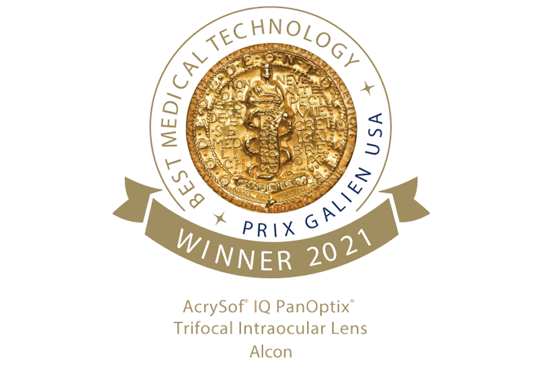 Emblema del premio Prix Galien USA 2021 per la "Migliore Tecnologia Medica" assegnato alla lente intraoculare trifocale AcrySof® IQ PanOptix® di Alcon.