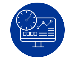 Icona con un monitor che mostra un grafico a linee e un orologio sovrapposto nell’angolo superiore sinistro.