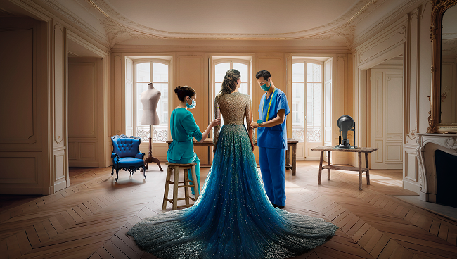 Due professionisti in camice e mascherina assistono una donna mentre le adattano un elegante abito blu scintillante in una stanza luminosa e raffinata.