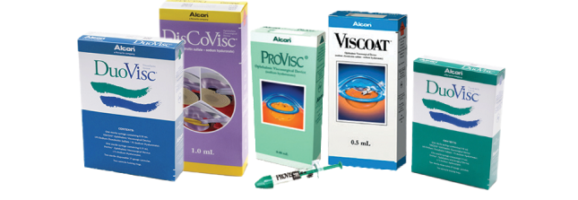 Immagini dei prodotti dei dispositivi per la viscosurgia oftalmica di Alcon: DuoVisc, DisCoVisc, ProVisc, Viscoat, DuoVisc