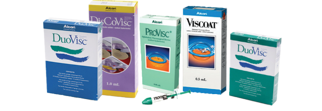 Immagini dei prodotti dei dispositivi per la viscochirurgia oftalmica di Alcon: DuoVisc, DisCoVisc, ProVisc, Viscoat, DuoVisc.