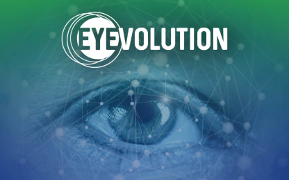 Close-up of eye and eyevolution logo