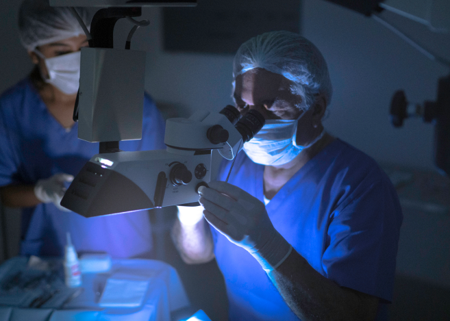 Un chirurgo e un'infermiera sono visibili mentre effettuano un intervento agli occhi con un dispositivo oftalmico.