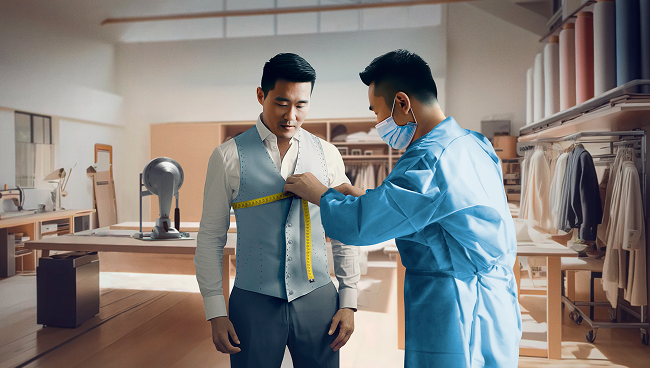 Tailor measuring a man’s chest while preparing a custom suit, symbolizing the personalization and surgical precision of wavelight® plus.