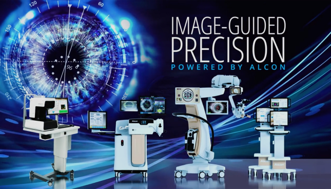 一連のアルコン製手術用機器の画像と「Image-guided precision powered by Alcon」というテキストを掲載。 再生ボタンが動画であることを示しています。