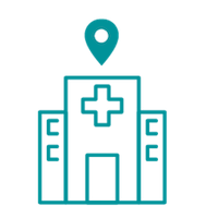 青緑色でロケーションピンのついた病院のアイコン