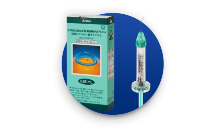 青い円型の背景に、アルコンのヒアルロン酸Na眼粘弾剤の製品とパッケージ写真