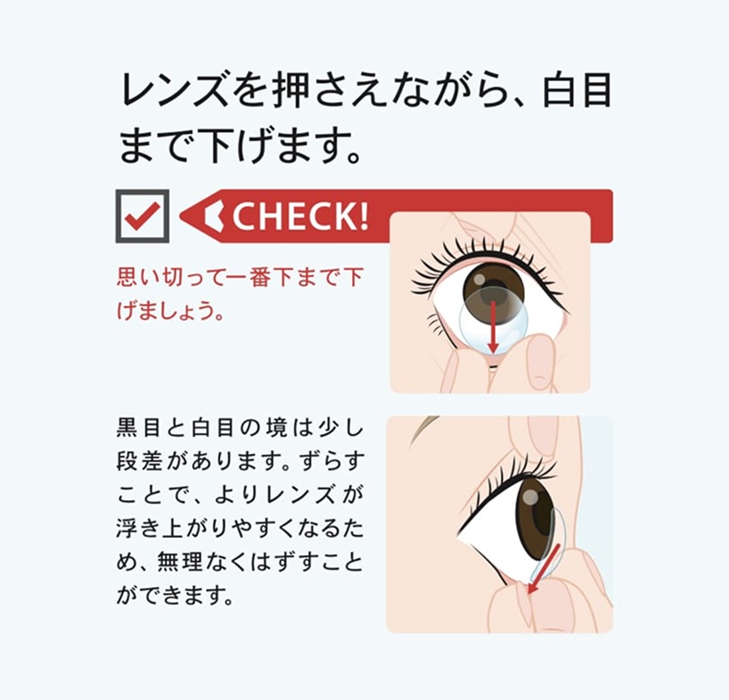 Front and side views demonstrating how to remove a contact lens