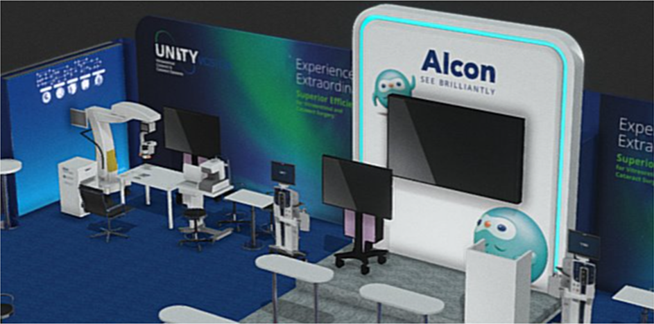 アルコンの展示ブース。中央に「Reimagine expectations」のサインと大型スクリーン、UNITY VCSシステムや手術機器、展示台と椅子が配置。