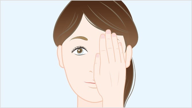 Woman after inserting contact lenses, one eye covered