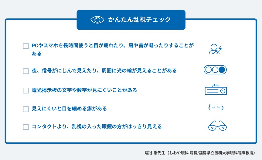 かんたん乱視チェック。PCやスマホを長時間使うと目が疲れたり、肩や首が凝ったりする。夜、信号がにじんで見えたり、周囲に光の輪が見える。電光掲示板の文字や数字が見にくい。見えにくいと目を細める癖がある。コンタクトより、乱視の入った眼鏡の方がはっきり見える。塩谷 浩先生（しおや眼科 院長/福島県立医科大学眼科臨床教授