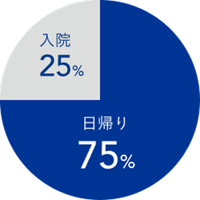 白内障手術の日帰りと入院の割合を示す円グラフ。日帰り75%、入院25%。