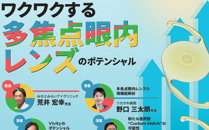 「ワクワクする多焦点眼内レンズのポテンシャル」のタイトル、荒井宏幸先生ら4人の講演者写真、多焦点眼内レンズのイラスト、青い矢印背景付きポスター。