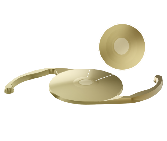 금색으로 표시된 AcrySof IQ Vivity® IOL의 3차원 이미지에 흰색 그래픽 라인이 있어 렌즈 중심부에 집중하게 합니다. 렌즈에 적용된 wavefront-shaping 테크놀로지를 구성하는 약간 융기된 중심부를 강조합니다.