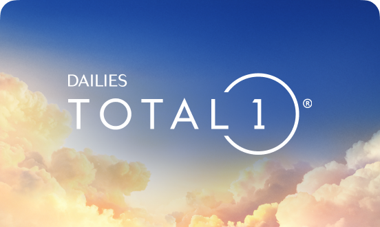 Official logo for Dailies Total1 daily contact lenses set over a blue sky above the clouds
