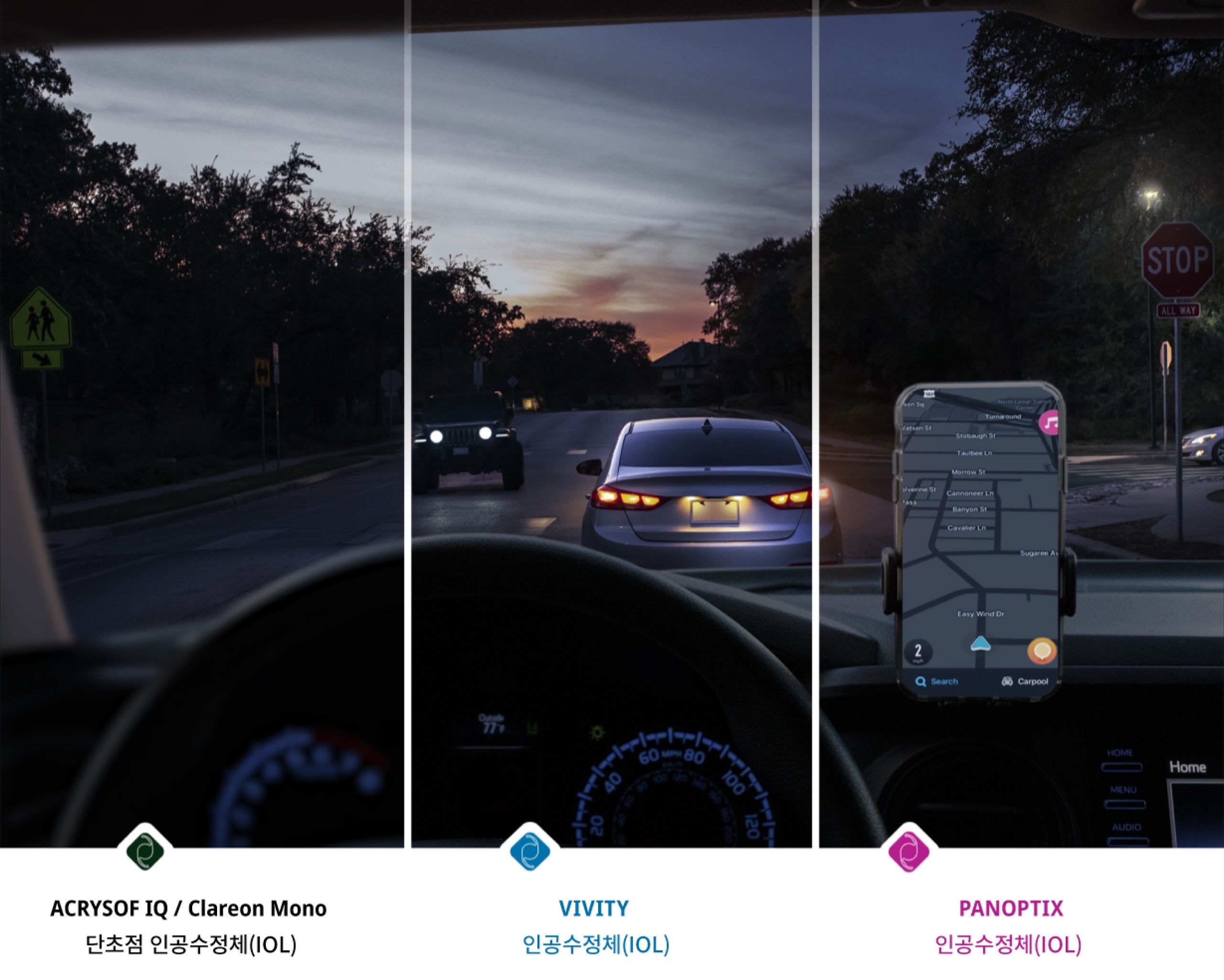 Driver’s view inside of a car on the road in dim light conditions. A phone is mounted on the dashboard displaying a navigation app. The image is split into 4 sections to show the difference between an individual’s vision quality with cataracts versus vision with a Monofocal Lens, Acrysof IQ Vivity® IOL, or an Acrysof® IQ  PanOptix® IOL. The far-left section of the image is blurry with a yellow tinge to illustrate duller vision associated with cataracts. The 3 remaining sections are significantly clearer to show the visual benefits of using an IOL option to treat cataracts.