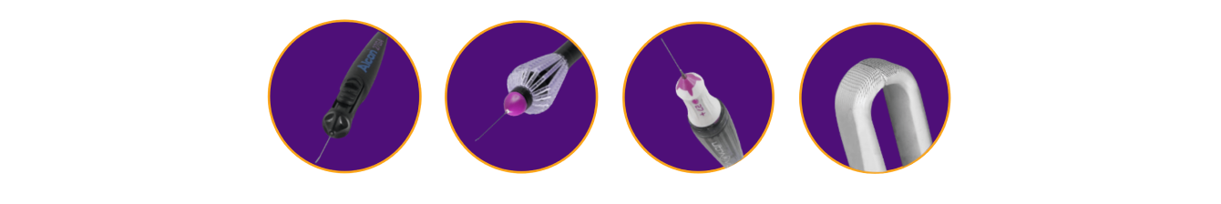 보라색 배경에 알콘의 25+/27+ 포트폴리오가 위치해 있습니다. Vektor laser probe, Finesse Reflex, Advanced Ultravit probe, Finesse Sharkskin.
