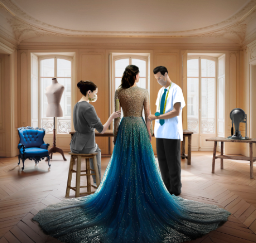 Two surgeons and a woman in a dress