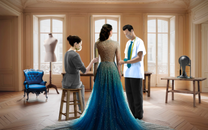 Two surgeons and a woman in a dress