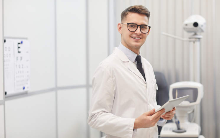 doctor with a tablet in an ophthalmologist's office