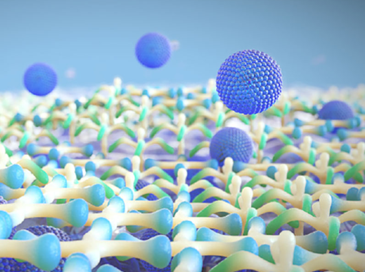 Ilustración de nanopartículas lipídicas interactuando con una superficie estructurada, representando la tecnología de nanogotas de Systane™ Complete para tratar el ojo seco.
