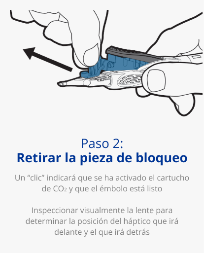Ilustración de una mano que sujeta el sistema inyector AutonoMe. Una flecha negra apunta hacia afuera desde el cartucho del dispositivo para indicar un movimiento de tirar.