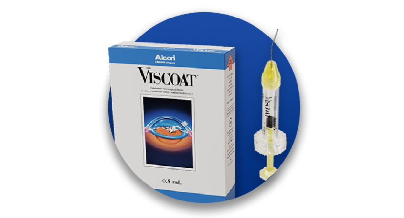 Producto OVD de Alcon y caja de producto con fondo que es un círculo azul.