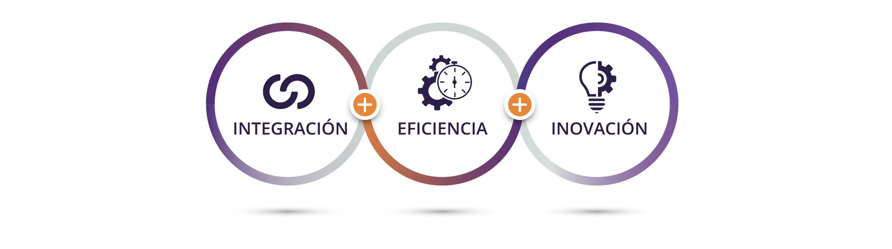 Tres círculos interconectados. Dentro del primer círculo hay in icono morado oscuro de dos semicírculos sobrepuestos con texto debajo que dice: “integración”. Dentro del segundo círculo hay un icono morado oscuro de dos engranajes detrás de un cronómetro con texto debajo que dice: “eficiencia”. Dentro del tercer círculo hay un icono morado oscuro dividido en dos de una bombilla y medio engranaje con texto debajo que dice: “innovación”.