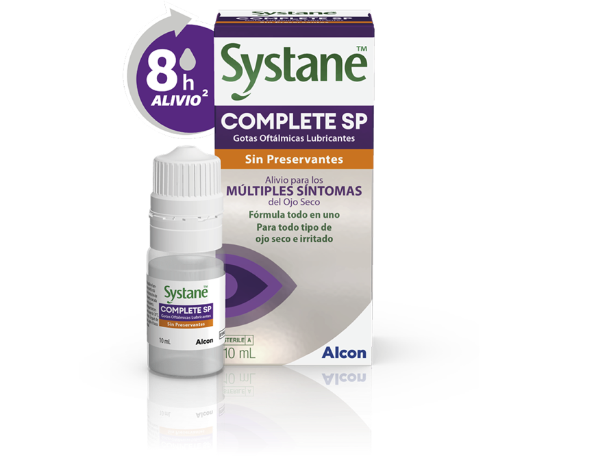 Caja del producto y frasco multidosis de 10 ml de Systane COMPLETE SP sin preservantes. Gotas oftálmicas lubricantes para múltiples síntomas del ojo seco.