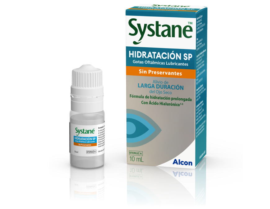 Caja del producto y frasco multidosis de 10 ml de Systane HIDRATACIÓN sin conservadores (SP), gotas oftálmicas lubricantes con ácido hialurónico.