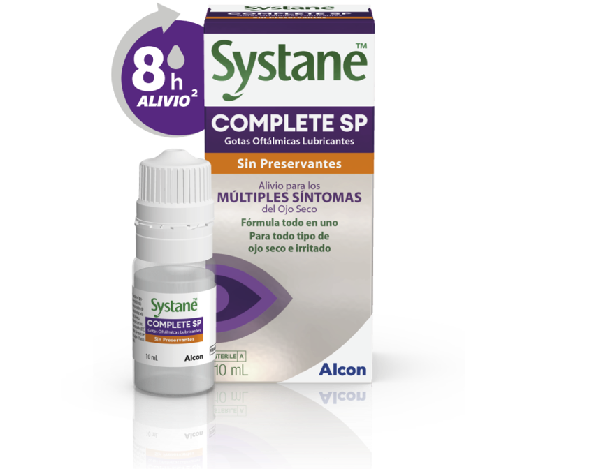 Caja del producto y frasco multidosis de 10 ml de Systane COMPLETE SP sin preservantes. Gotas oftálmicas lubricantes para múltiples síntomas del ojo seco.