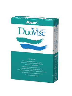 Alcon’s DuoVisc OVD product box. This product contains 0.50 ml of Viscoat and 0.55 ml of ProVisc.